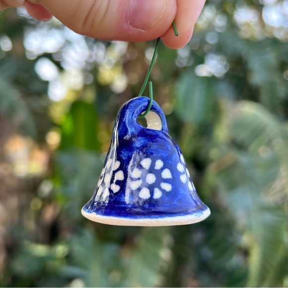 Polish Pottery Mini Bell Ornament Blue & White Floral Ceramic Handcrafted Decor - Picture 2 of 8